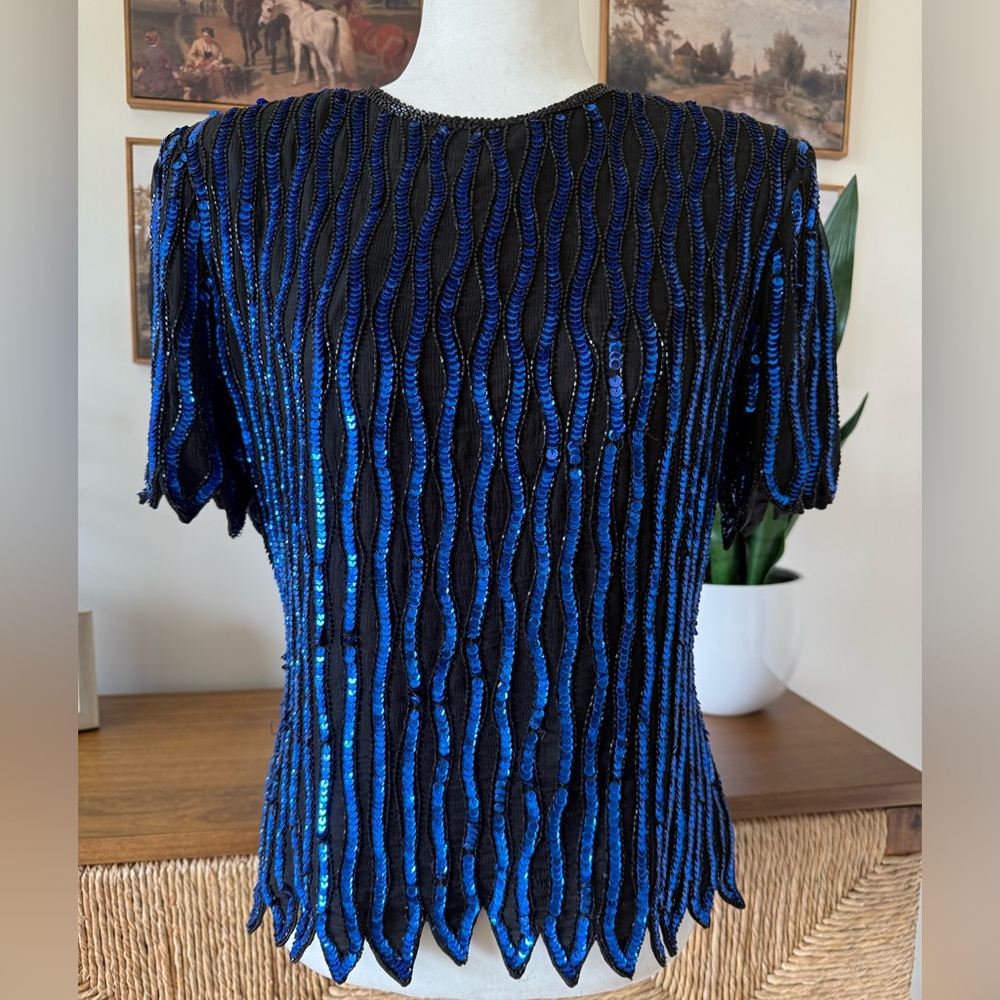 1980’s Stenay Electric Blue And Black Silk & Sequined Top M